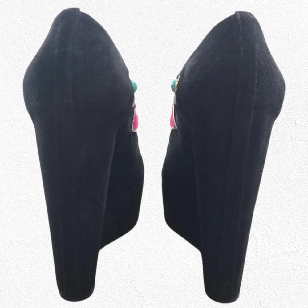 Dolce & Gabbana Face Wedge Platform Black Suede Platino Statement Heels EU 36.5 - Picture 7 of 16